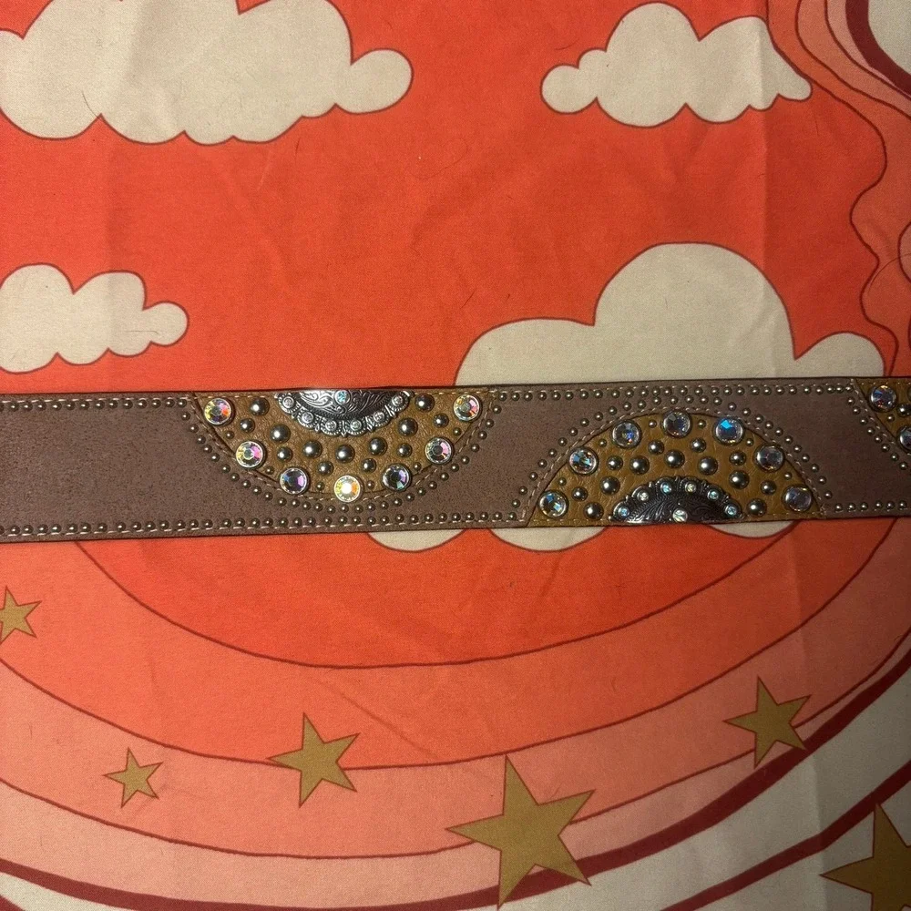 Tony Lama Leather Western Rhinestone Studded Belt 38 Oversized Buckle Cowboy